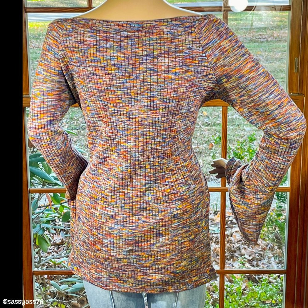 ▪️ANTHRO▪️AKEMI + KIN▪️Thin Ribbed Rainbow Spacedye ZAKA Bell Sleeve Top - Picture 2 of 7